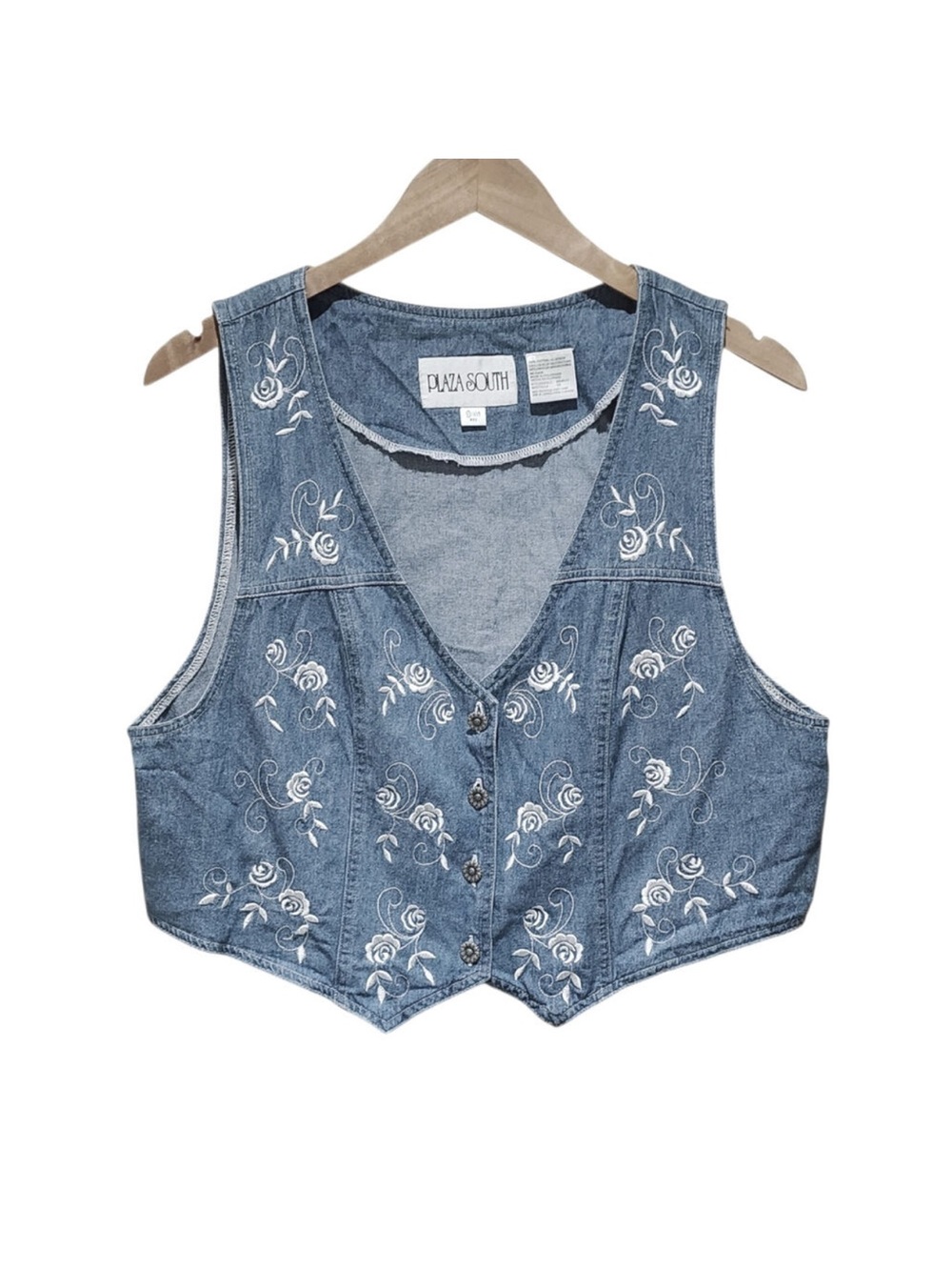Vintage Floral Embroidery Denim 90s Vest Chambray Large Medium